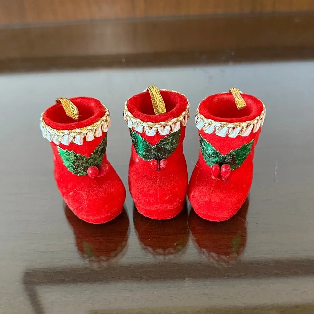 3 Vintage Flocked Red Santa Boot Christmas Ornaments Holly Berry Japan Miniature